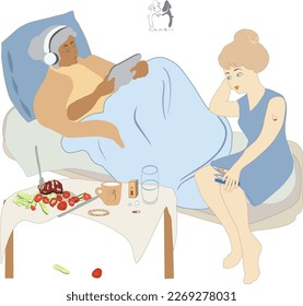 Grandmother is sick, lies in bed and looks at the tablet in her hands with headphones.
The nurse came to measure sugar and give an injection. Food on the table
