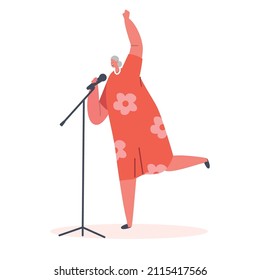 Grandmother Singing Song In Karaoke. Senior Woman With Microphone Performing Composition In Bar. Artist Female Character Singing At Music Event, Concert Or Party. Cartoon People Vector Illustration