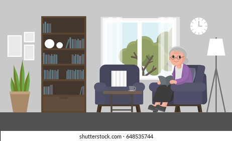 grandmother sit on a sofa and read a book in living room. senior woman sitting on couch in living room reading a book. Vector illustration.
