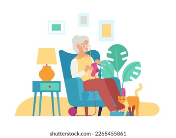 Grandmother sits in armchair and knits her grandson socks. Senior woman hobby. Grannies handicraft. Needlework or leisure. Cozy room interior. Grandma knitworking