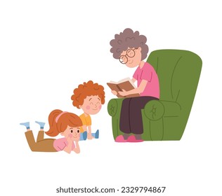 Grandmother sits in an armchair reading a book to her grandson and granddaughter. Vector flat illustration isolated on white background. Grandparents family relationship cartoon characters