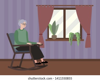 Grandmother sits by the window in a rocking chair. In minimalist style Cartoon flat Vector Illustration