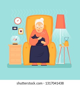 Grandmother sits in chair holding cat  interior  pensioner  Flat design vector illustration 