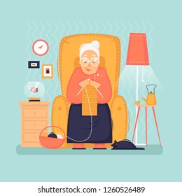 Grandmother sits in a chair knits, pensioner, interior. Flat vector illustration in cartoon style.