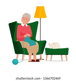 Grandmother sits in a chair and knits. Vector flat illustration.