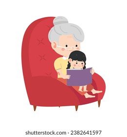 grandmother sits in a chair and reads a book to her granddaughter
