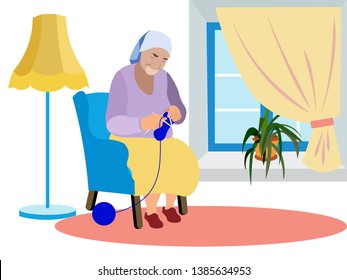 Grandmother sits near the window and knits clothes. Expecting grandchildren, loneliness. In minimalist style. Cartoon flat Vector Illustration
