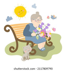 A grandmother sits on a bench. Grandma is holding a bouquet of spring flowers. Near the old woman sits a cat. Vector illustration on white background in cartoon style. For print, web design.