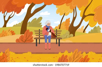 Grandmother sits on a bench with her dog in the fall in the park. Cartoon vector illustration