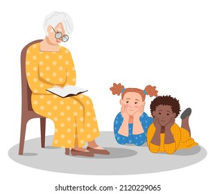 grandmother sits on a chair and reads a book to children. Little girls lie on the mat and listen to how the grandmother reads a fairy tale. Illustration on the theme of active pensioners