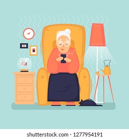 Grandmother sits with the phone. Interior. Internet, modern old people, pensioners. Flat design vector illustration