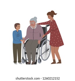 Grandmother sits in wheelchair and her grandchildren take care about her. Isolated on white background. Vector illustration