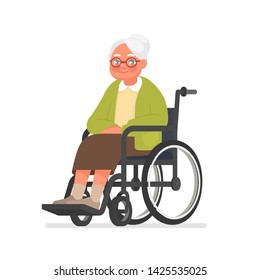 Grandmother sits in a wheelchair on a white background. Elderly woman in rehab after surgery. Inability to move independently. Vector illustration in cartoon style