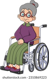 Grandmother sits in a wheelchair on a white background of illustration