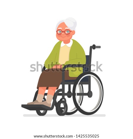 Grandmother sits in a wheelchair on a white background. Elderly woman in rehab after surgery. Inability to move independently. Vector illustration in cartoon style