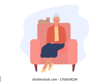 Grandmother sitting in armchair with cat. Postcard for grandparents day. An elderly woman stays at home. Old woman spends time with her pet. Pensioner alone. Flat vector illustration. 
