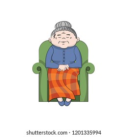 Grandmother sitting asleep in a chair. Vector color illustration