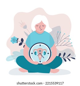 Grandmother sitting with biological clocks, limited fertility. Medical concept, feminine age. Menopause. Climacteric. Women's health. Menstrual periods. Aging process. Uterus, clock and old woman.