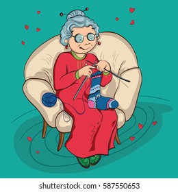 Grandmother sitting in chair and knits. Vector portrait of lovely grandma with her hobby