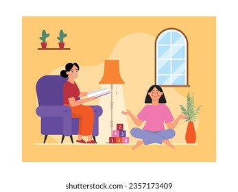 Grandmother sitting in a chair reading a book to daughter on the floor, with living room decorations lights and plants. Happy family time. Character design. Vector flat illustration