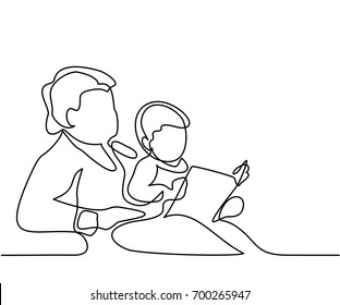 Grandmother sitting with grandson and reading book story. Continuous line drawing Vector illustration