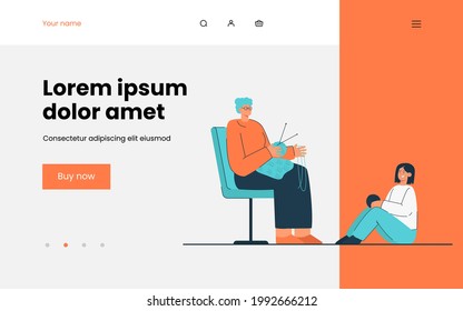 Grandmother sitting and knitting next to her granddaughter. Flat vector illustration. Elderly woman spending time with girl, holding ball of thread, knitting needles. Hobby, knitting, family concept