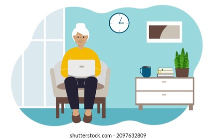 Grandmother is sitting with a laptop on an armchair at home. I work on a computer. Online education, training or social media concept. Vector flat illustration