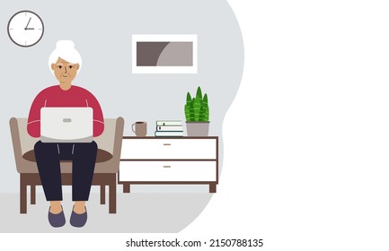 Grandmother is sitting with a laptop on an armchair at home. I work on a computer. Online education, training or social media concept. Vector flat illustration