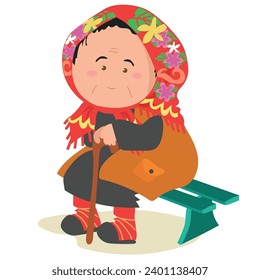 A grandmother sitting on a bench and holding a cane stick. International Senior Citizen Day Edition. Vector file