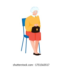 Grandmother sitting on chair. Elderly character, isolated on white background. Old woman waiting in line for reception. Cute aged lady with handbag. Hospital waiting room. Flat vector illustration