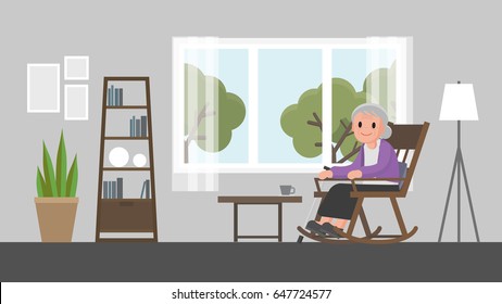 grandmother sitting on a rocking chair in living room. senior woman sitting on rocking chair. Vector illustration.