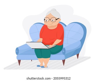 Grandmother is sitting on sofa with laptop. Cute cartoon senior woman is surfing in Internet. Home office and video conference for old people.