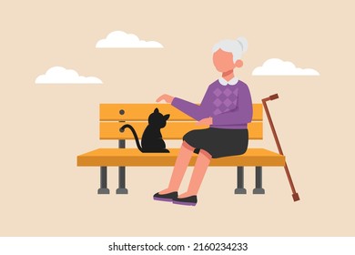 Grandmother is sitting and playing 
 with a cat on bench. Grandparents day. Colored flat vector illustration isolated.