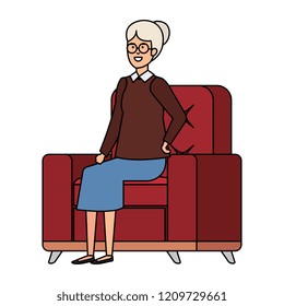 grandmother sitting in sofa with december clothes