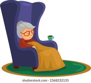 Grandmother sleeping in chair, illustration, vector on a white background.