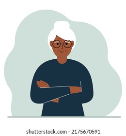 Grandmother with a smile and arms crossed on his chest. Vector flat illustration
