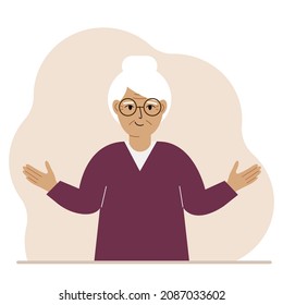 Grandmother with a smile and arms spread out in different directions. Vector flat illustration