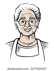 Grandmother smiling in sketch style. Hand drawn Grandma