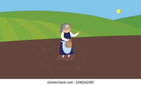 grandmother sows the field by hand