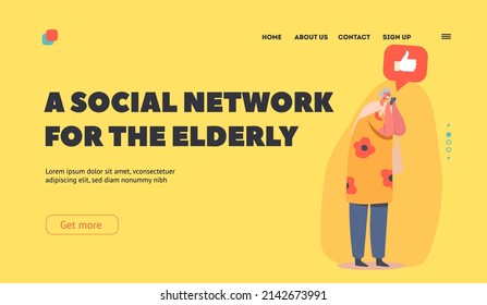 Grandmother Speak by Mobile Phone Landing Page Template. Elderly Woman Communicate in Social Networks. Senior Character Browsing Internet, Messaging with Friends. Cartoon People Vector Illustration