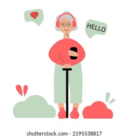 Grandmother Speak by Mobile Phone. Family call, grandmother talking on phone. Elderly Woman Communicate in Social Networks. Vector illustration.
