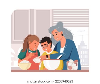 Grandmother spending time with grandchildren and cooking dinner together in kitchen vector flat illustration. Happy grandparents and children bake cookies and cakes, prepare food dinner on white.