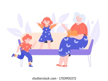 Grandmother spends time with her grandchildren. Family evening. Nanny. An elderly lady is sitting on the couch. Joyful boy and girl are playing. Vector flat illustration.