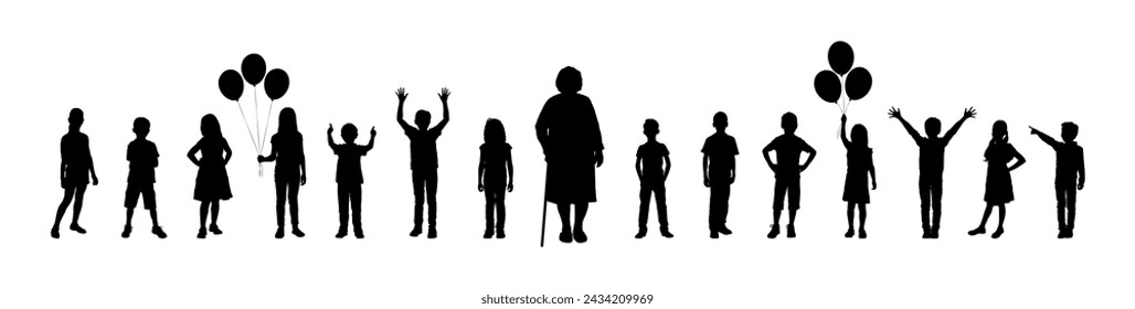 Grandmother standing among her grandchildren vector silhouette set. Family bonding grandchildren visit grandmother vector silhouettes.	