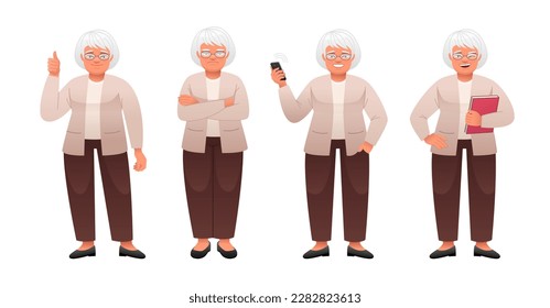 Grandmother stands dissatisfied with her arms crossed, with a book in her hand, a gesture of approval, with a smartphone in her hand. Elderly woman in full growth character set. An old white woman