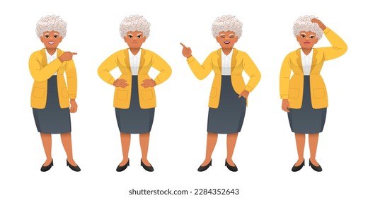 La abuela está insatisfecha, piensa en algo, apunta a algo. Una anciana africana con el pelo gris se para en poses diferentes. Mujer negra de edad avanzada con un juego de caracteres de crecimiento completo.