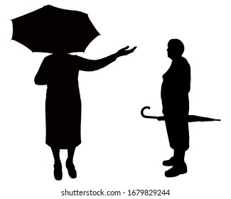 Grandmother stands with an open umbrella. Vector illustration silhouette of a senior woman. She extended her hand to check if it was raining. Woman with a closed umbrella in hands. Black color.