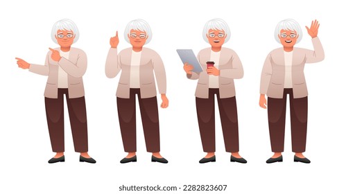 Grandmother stands with a tablet in her hand and a glass of coffee, points to something, waves her hand. Elderly woman in full growth character set. An old white woman with gray hair in glasses