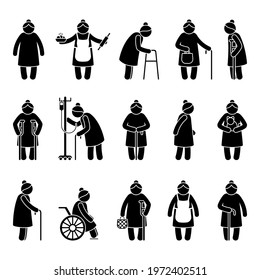 Grandmother stick figure woman walking, standing with walker, cane, crutch, drop counter, cat, sitting on wheelchair vector icon pictogram. Old, aged grandma