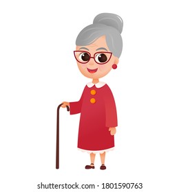 Old woman wearing glasses and with cane in flat style. 